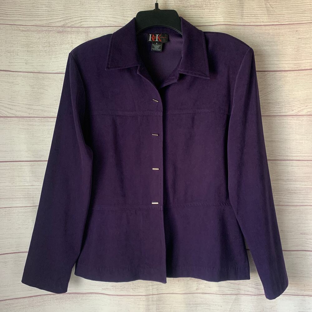Vintage R&K Originals Purple Blazer Jacket Poly Suede Toggle Button Front Size 6